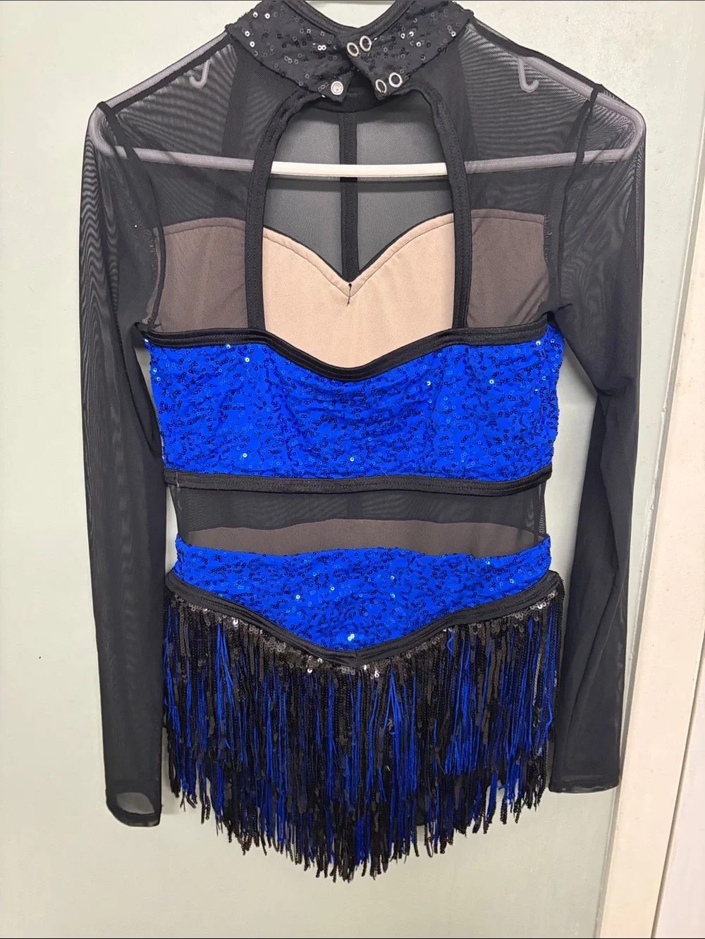 Weissman Royal Blue and Black Sequin Dance Costume with Fringe